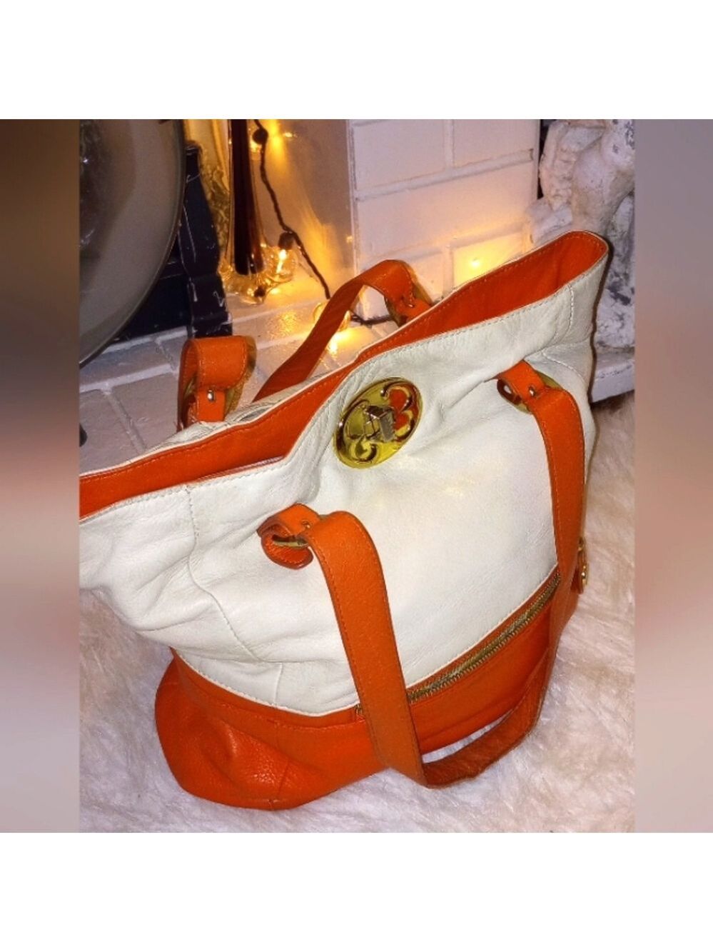 Emma Fox Colorblock Shoulder Bag. Goldtone Hardware. Double Sided. Logo. Orange. - Picture 5 of 13